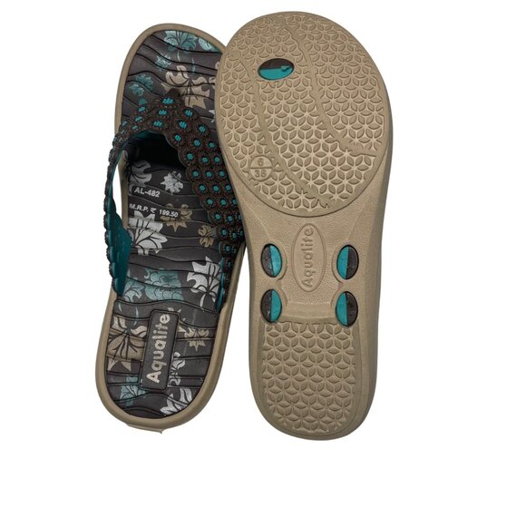 Womens Size 6 Flip Flops -Brown & Teal Aqualite Flip With Floral Print Embellish - Picture 6 of 6
